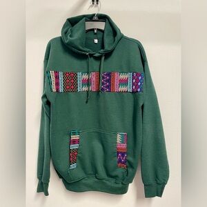 Green Hoodie with Colorful Pattern Accents, Size Large
